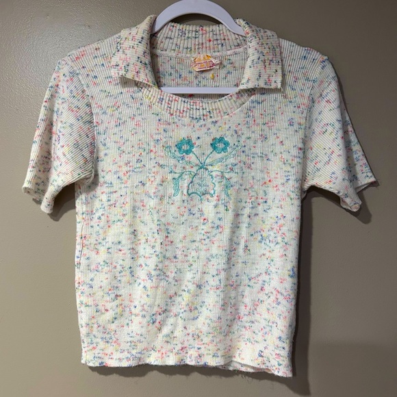 Vintage Tops - vintage floral collared soft embroidered dreamy 90s stretchy knit